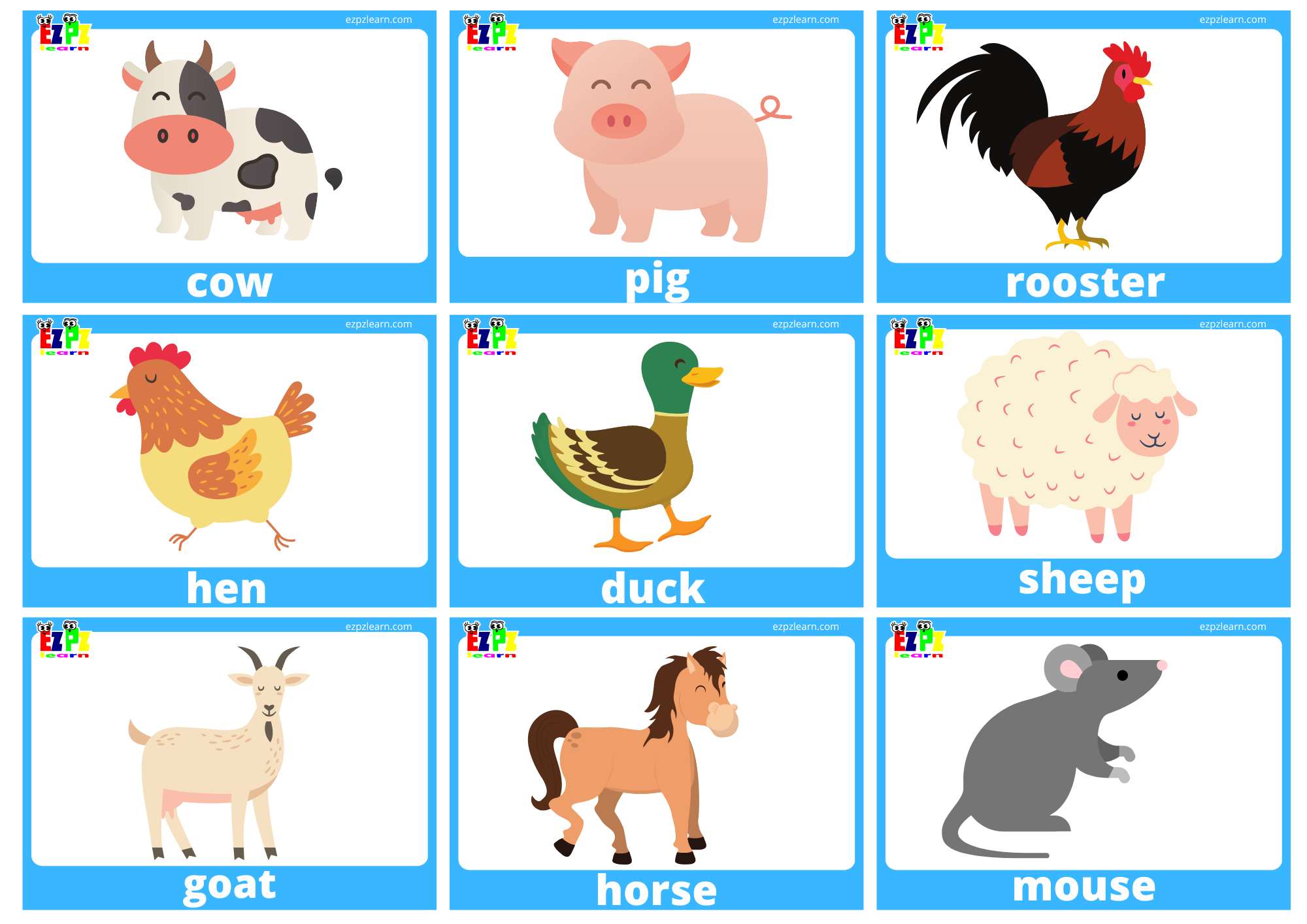 Farm Animals Flashcards with Words Includes: pig, cow, chicken, horse, rabbit, turkey, sheep, rooster, chick, donkey, duck, rabbit, goose, mouse 